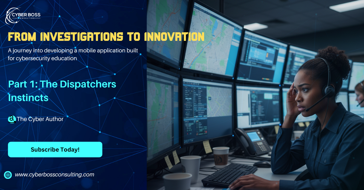 A 911 dispatcher focused on multiple monitors in an emergency call center, symbolizing crisis management, resilience, and the transferable skills that led to a cybersecurity career.